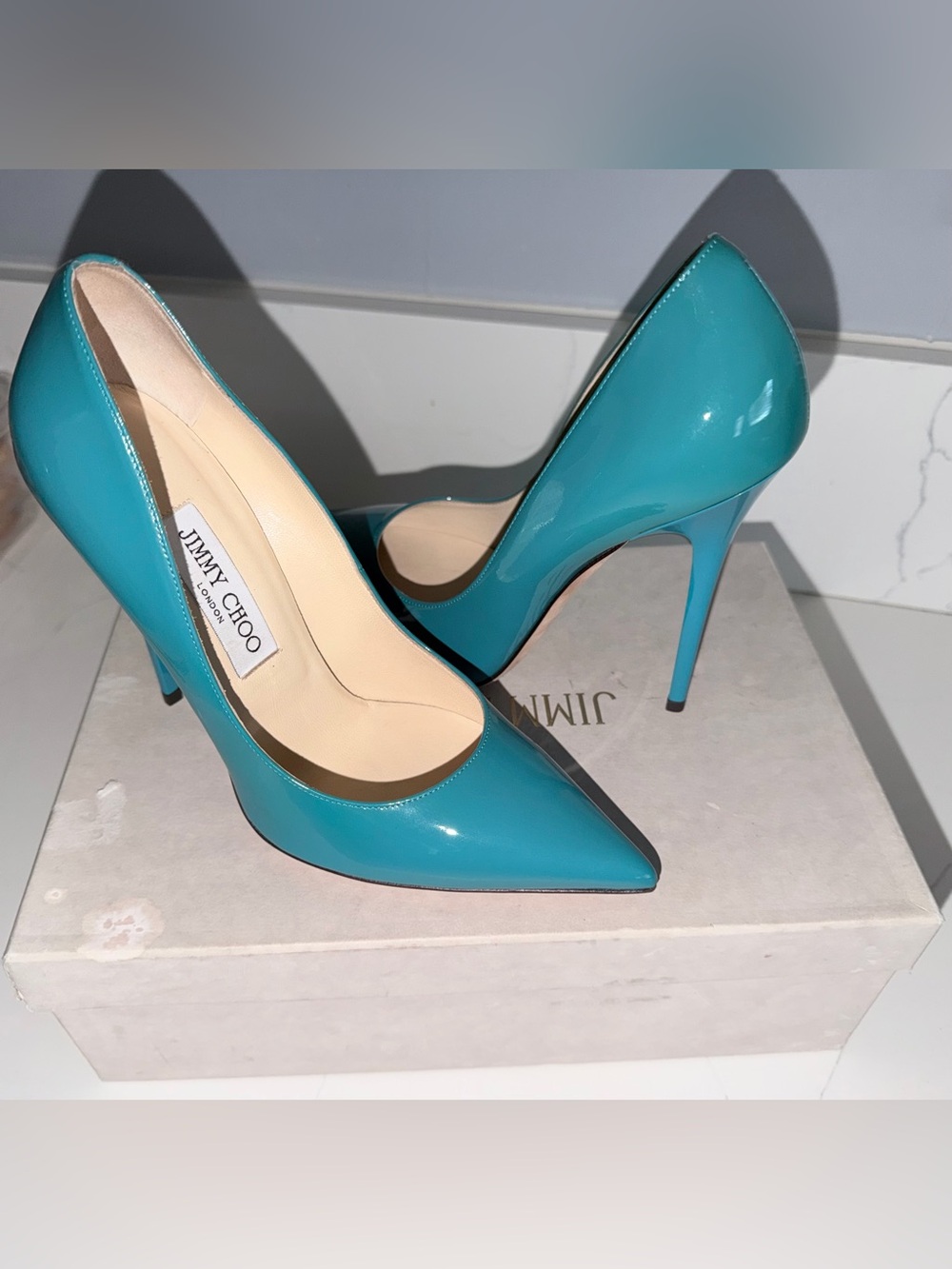 Jimmy Choo Glossy Teal Patent Pointed-Toe Stilettos
